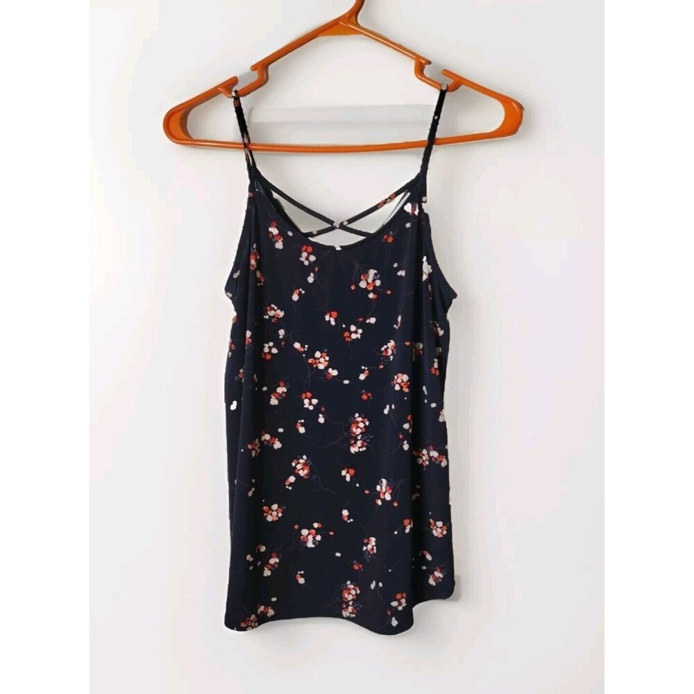 Kaileigh Top Small Sleeveless Lattice Back Floral Navy Blue